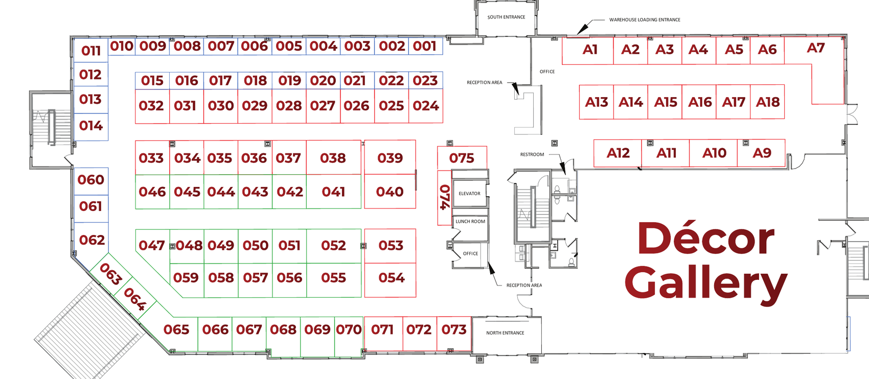Main Level floor plan showing numbered booths